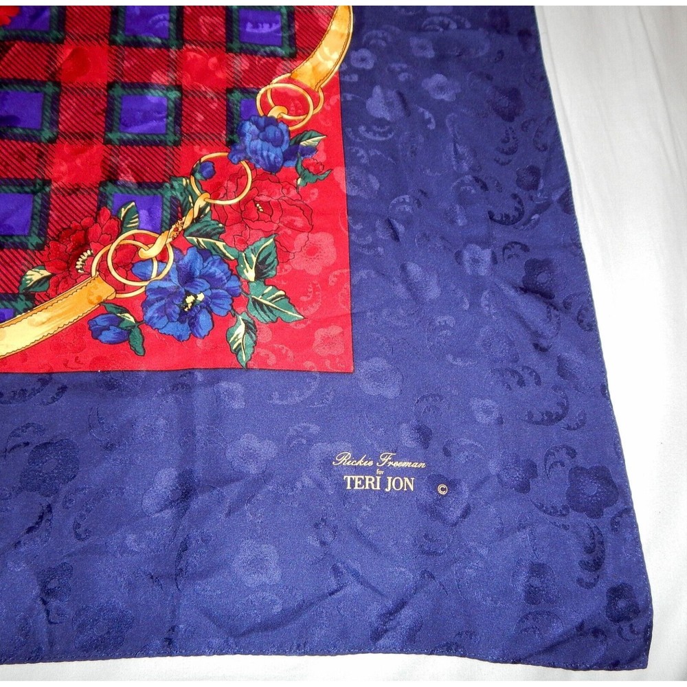 Ricki Freeman For Teri Jon Floral Silk Scarf Navy Red Gold Plaid Korea - Picture 3 of 16